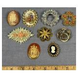 (9) Victorian Brooch Pins One Cameo Missing