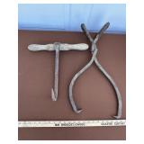 (2) Primitive Hay Hooks Early Iron Barn Tools