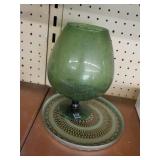 Green glass vase, small plate