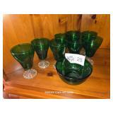 GREEN DEPRESSION GLASS AND DRINKING GLASSES