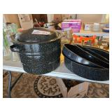 ENAMEL STOCK POT AND ROASTER PAN