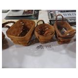 3 SMALL LONGABERGER BASKETS W/ LEATHER HANDLES