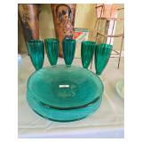 Teal Ribbed Glass Drinkware and Serving Set
