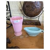 McCoy Turquoise Gravy Boat & Pink Ruffle Vase
