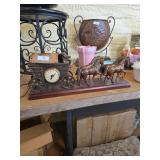 Horse Team and Covered Wagon Desk Clock Sculpture