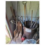 YARD TOOLS, MOTOR, FUEL CANS, MISC. ITEMS