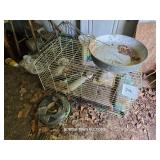 CAGE, ROLL OF WIRE, HAND TOOLS, FUEL CANS, MISC.