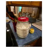 GLASS JAR, UTENSILS, DRAIN PAN