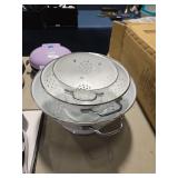 Set of Three White Enamel Colanders