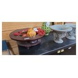 Decorative Dark Wood Footed Bowl with Ornaments