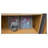 Pair of Framed Bathroom Art Prints & Brass Pot