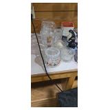 Clear Glass Floral Lidded Jar and Stemware Set