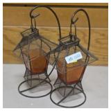 Set of Two Amber Glass Wire Frame Lanterns