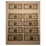 Nine 1953 Two Dollar Bills (2 Sequential) and a 19