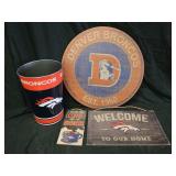 Broncos Lot: Trash bin & 3 Signs