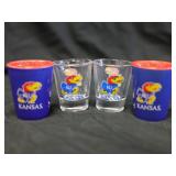 4 KU Shot Glasses 2 Red & Blue, 2 Clear Glass