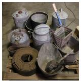 Antique Flat Belt and pallet of old metal buckets