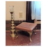 Brass Candlestick and Upholstered Footstool