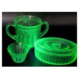 Three Green Depression Glass Pieces