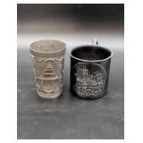 Two Metal Souvenir Cups with Embossed Designs