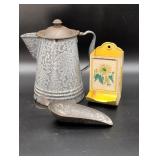 Galvanized Coffee Pot, Scoop, and Wall-Mounted Hol