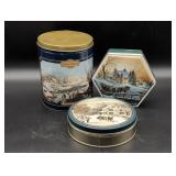 Three Currier and Ives Themed Tin Containers