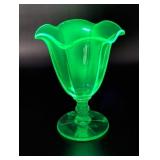 Green Glass Pedestal Vase with Scalloped Rim