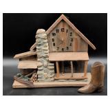 Rustic Wood Cabin Clock and Carved Boot Figurine