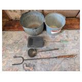 Metal Buckets and Fireplace Tools