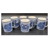Six Blue and White Ceramic Mugs