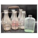 Vintage Milk Bottles with Carrier and Embossed Fla