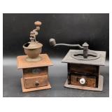 Two Wooden Coffee Grinders with Crank Handles