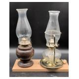 Glass Oil Lamps with Wood and Brass Bases