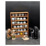 Golf Ball Display Case, Figurines, and Binoculars
