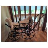 Metal Doll Carriage with Two Porcelain Dolls