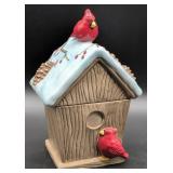 Ceramic Birdhouse Cookie Jar with Cardinal Accents