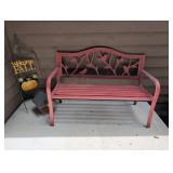 Red Metal Garden Bench with Bird Motif Backrest