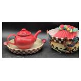 Ceramic Teapot, Dishes, and Knit Cover Set
