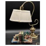 Brass Table Lamp with Shade and School-Themed Book