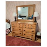 Wooden Dresser With Mirror and Black Base Lamps