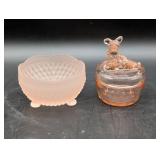 Pink Depression Glass Dog Lid Dish and Frosted Bow