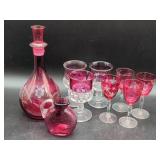 Cranberry Glass Decanter, Pitcher, and