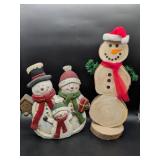 Snowman Figurine Lot with Wood Slice Figure