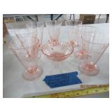 VINTAGE 1938 PINK GOBLETS & HANDLED DISH