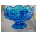 VINTAGE FENTON BLUE GLASS MULTI CANDLE BOWL 6.75"