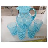 VINTAGE BULE GLASS WATER PITCHER AND (4) GLASS SET