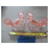 PAIR VINTAGE ROSE GLASS TWO CANDLE CANDLE HOLDERS