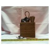 10 sets of wooden handle silverware and basket