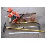 creeper, flags, squeegee, chain saw