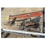 wood planes, sad iron, draw knife, wooden level